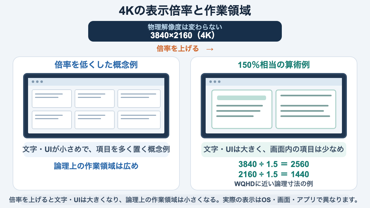 4Kの物理画素数、表示倍率、文字サイズ、論理上の作業領域が連動する関係を示し、倍率を上げると領域が縮むことを説明する図