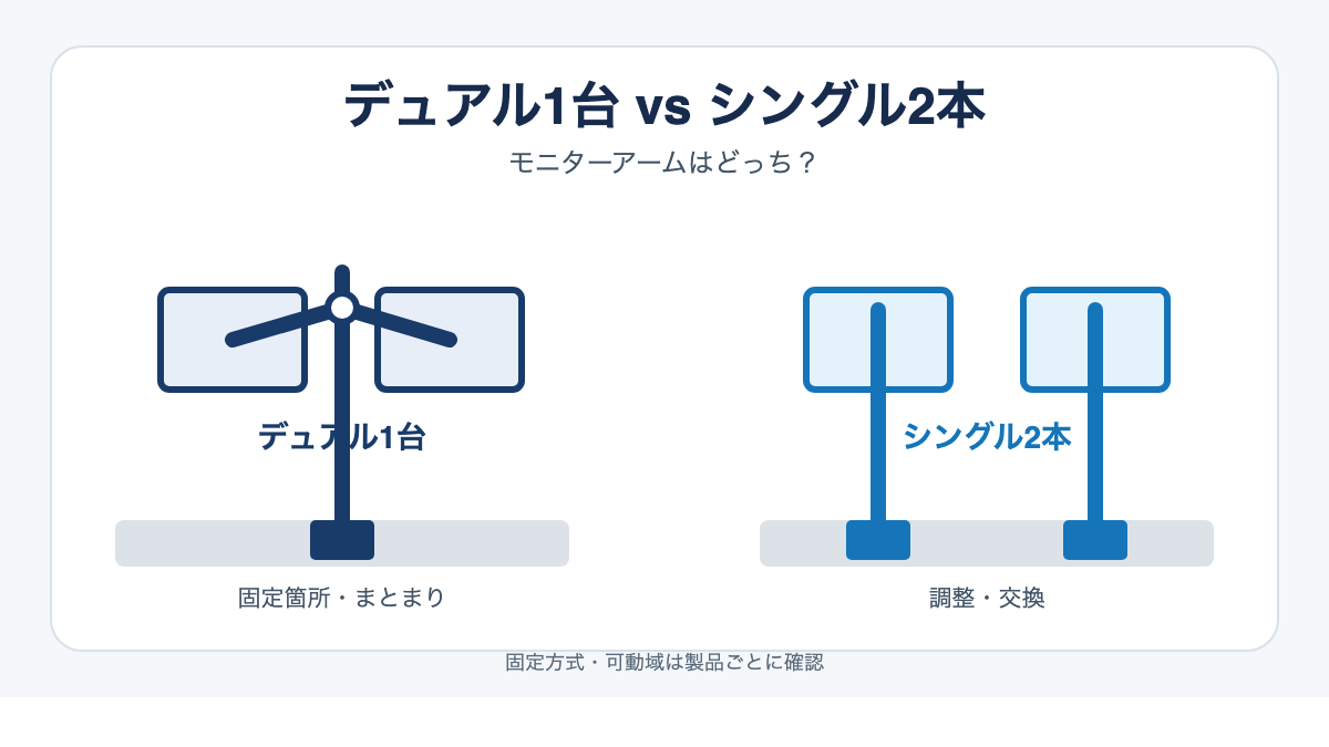デュアルアームとシングル2本はどっち？ 違いと選び方を比較