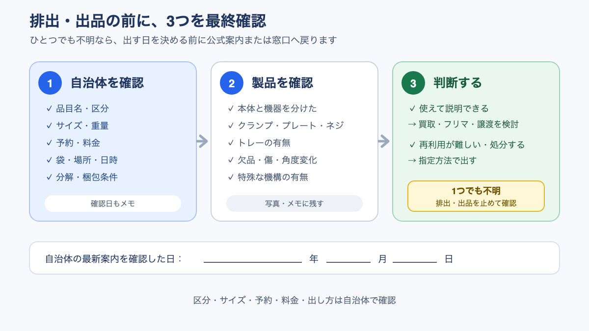自治体確認・部品確認・再利用判断を、排出前に順番に確認する最終チェック図