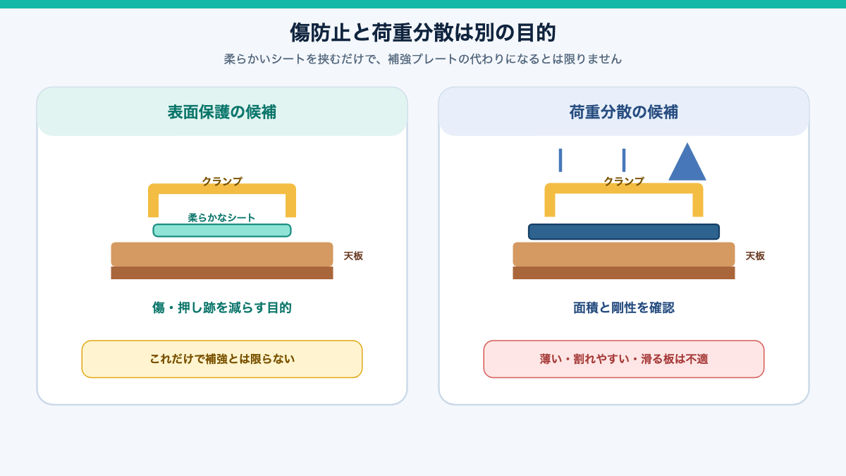 傷防止用のシートと荷重分散用の板材を分けて考える関係図