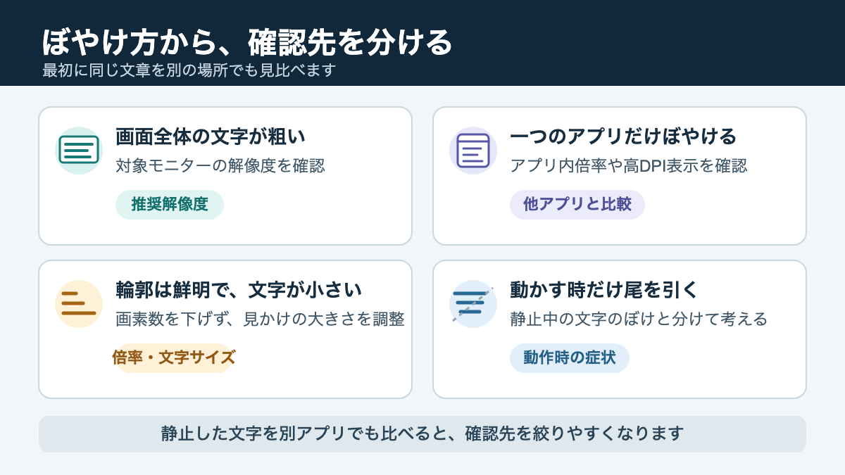 画面全体、特定アプリ、文字サイズ、動作時の残像から確認先を分ける切り分け図