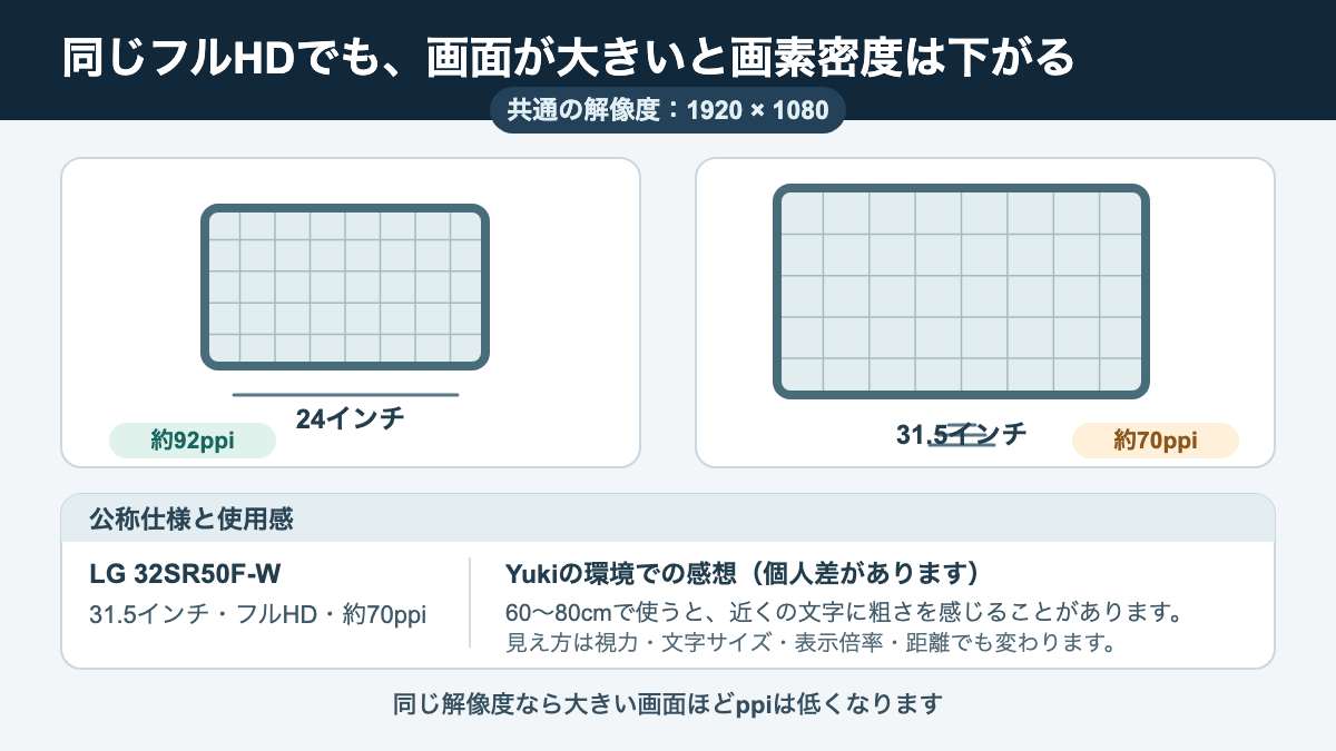 同じ解像度でも画面サイズで画素密度が変わり、視聴距離も文字の見え方に関わる関係図