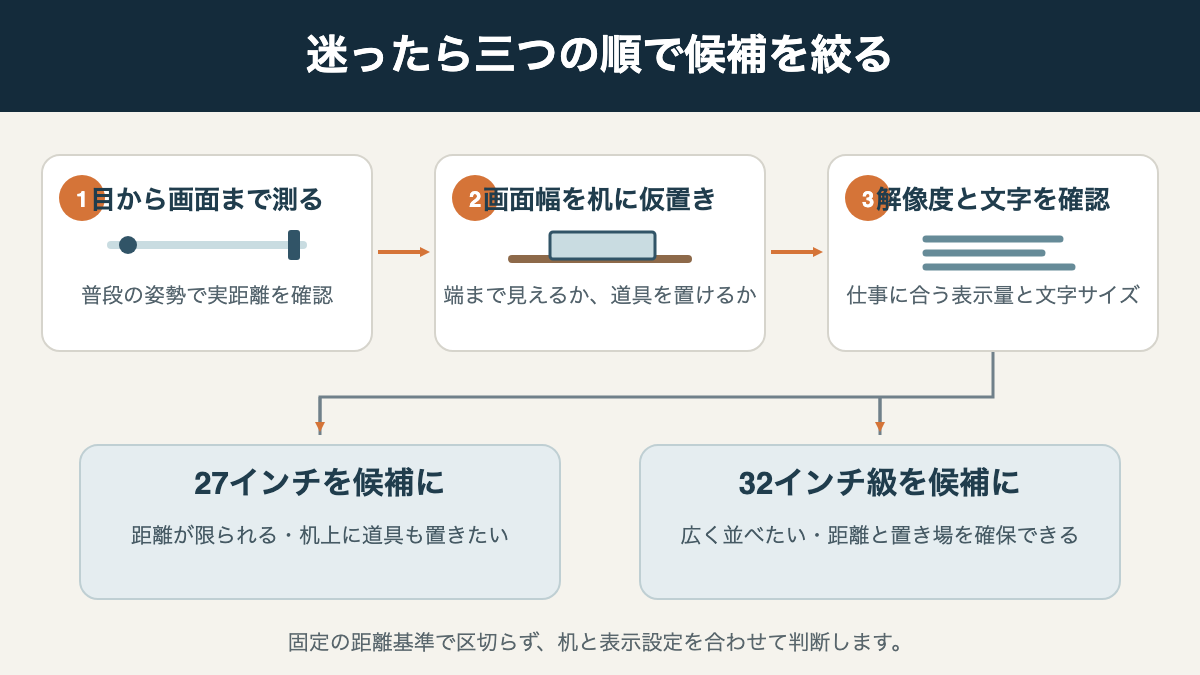 目から画面までの距離、机上の仮置き、解像度と文字の見え方を順に確認して候補サイズを選ぶ流れ