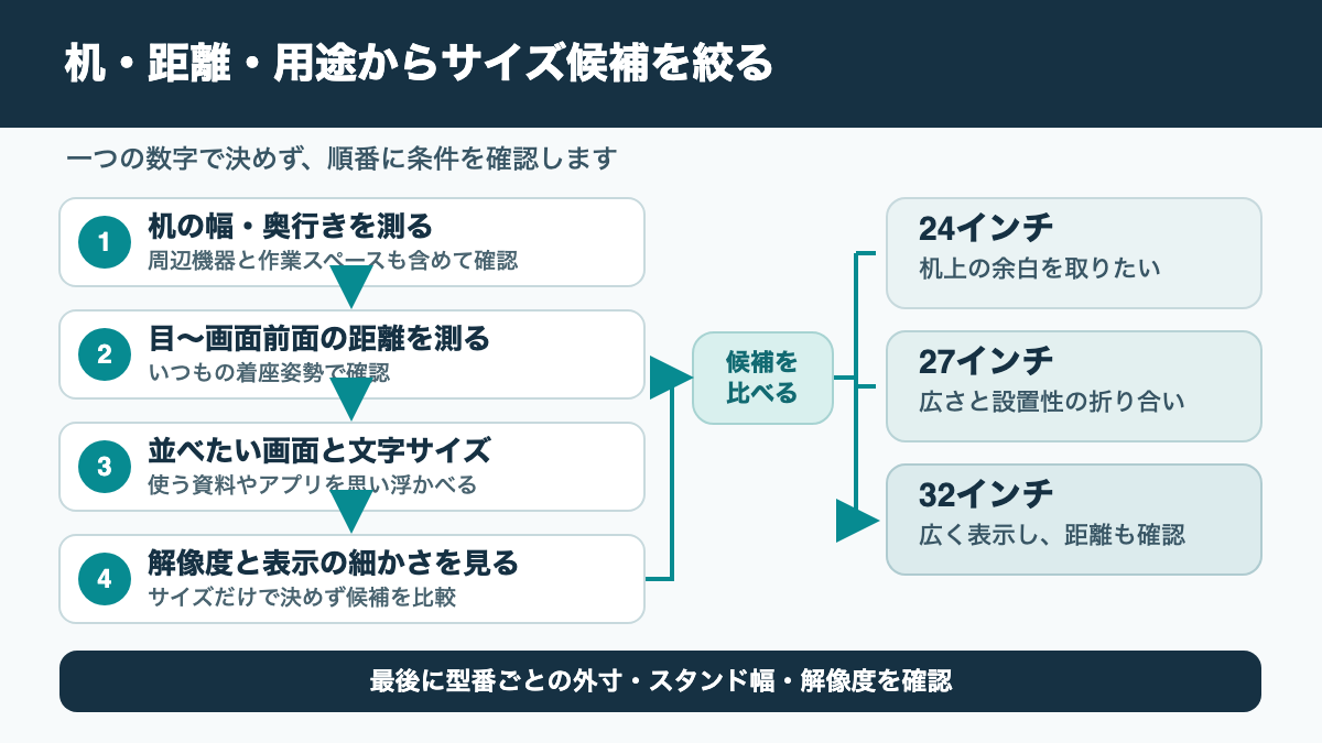 机と視聴距離の測定から解像度と型番の確認へ進むモニターサイズ選びの手順図