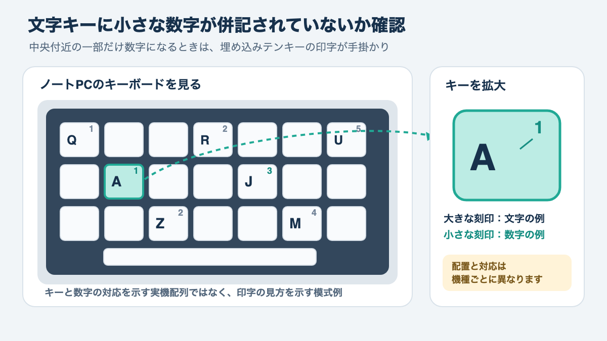 ノートPCの文字キーに数字が併記された埋め込みテンキーの模式図。数字の配置は機種によって異なることを示す
