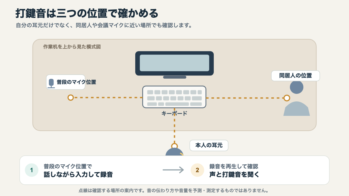 キーボードの打鍵音を本人・同居人・Web会議マイクの位置で確かめる配置図