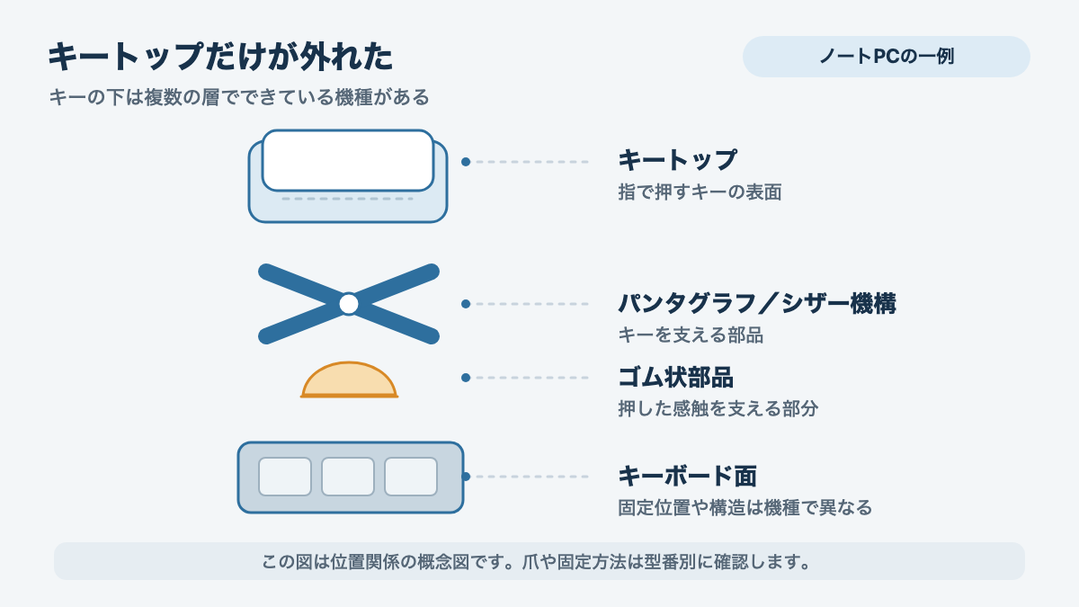 ノートPCの一例としてキートップ、X字の支持部品、ゴム状部品の位置関係を示す概念図