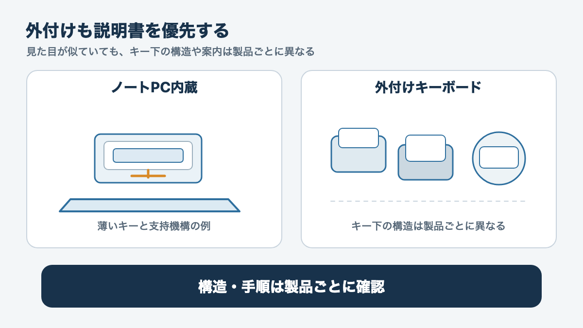 ノートPC内蔵キーと外付けキーボードの構造差を示し、片方の手順をもう片方へ流用しない考え方を表す図