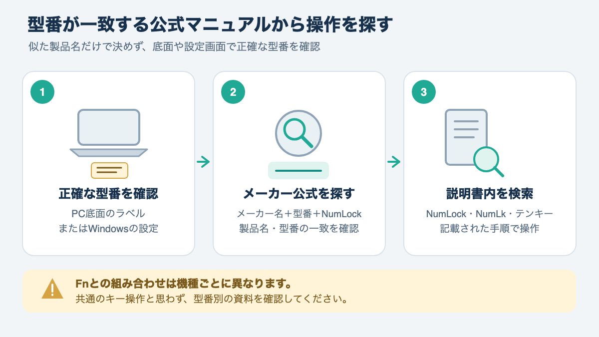 PC底面や設定画面で型番を確認し、その型番と一致するメーカー公式マニュアルからNumLock操作を探す流れ