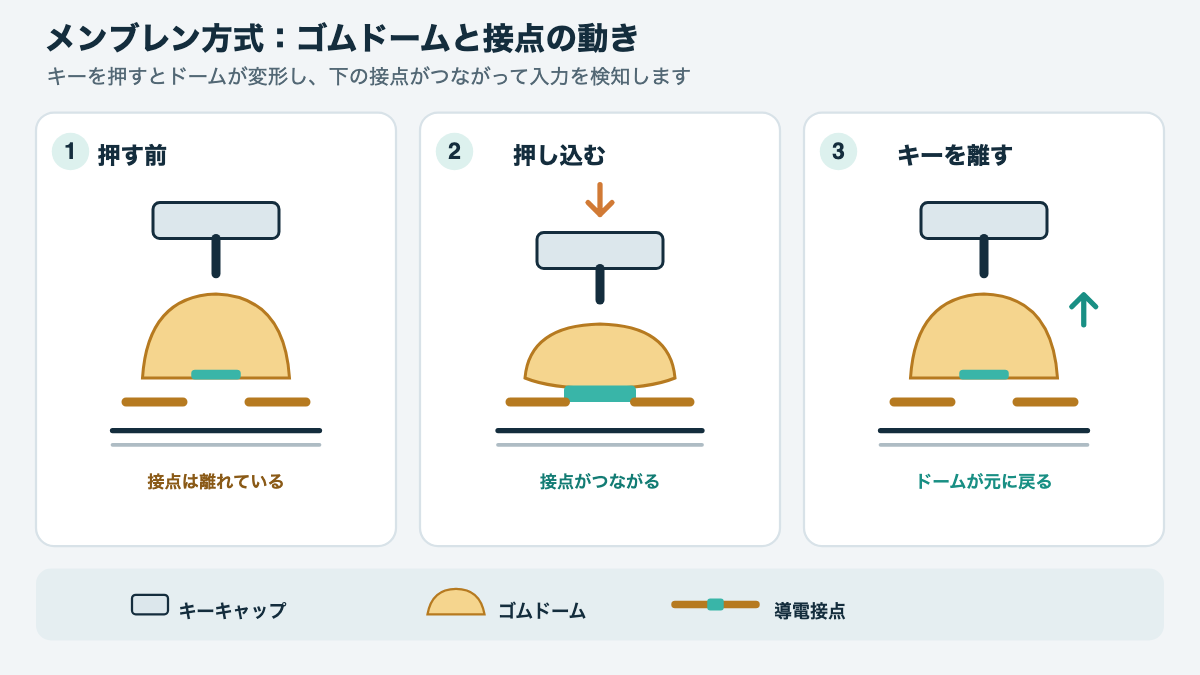 キーの下のゴムドームが押されて接点に触れ、離すと元に戻る流れを示す図