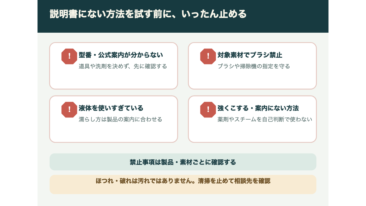 説明書未確認、ブラシ禁止、濡らしすぎ、強いこすりなど中断すべき条件の対比図