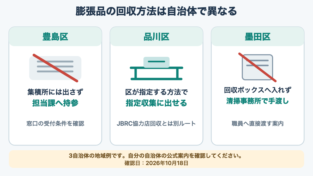 豊島区・品川区・墨田区で異なる膨張品の回収方法を並べた比較図