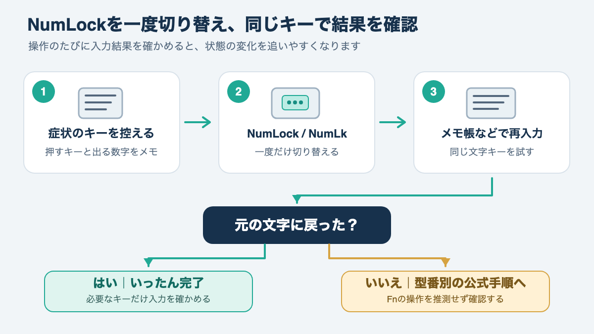 NumLockキーを切り替えたあと同じ文字キーを試し、文字へ戻ったかで次の操作を分ける手順図