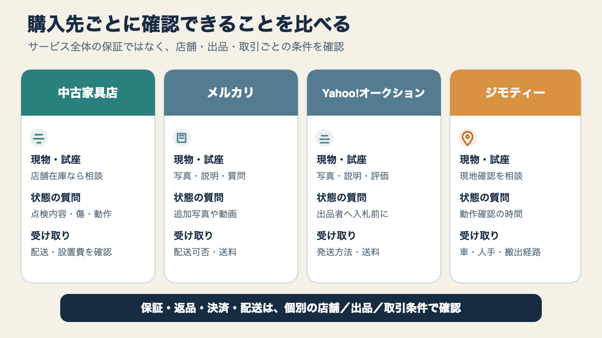中古家具店・フリマ・オークション・地域取引を、現物確認と購入後条件で選び分ける図