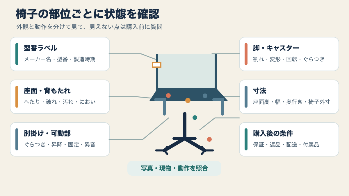 型番・座面・可動部・脚・寸法・保証を、椅子の部位ごとに確かめる位置図