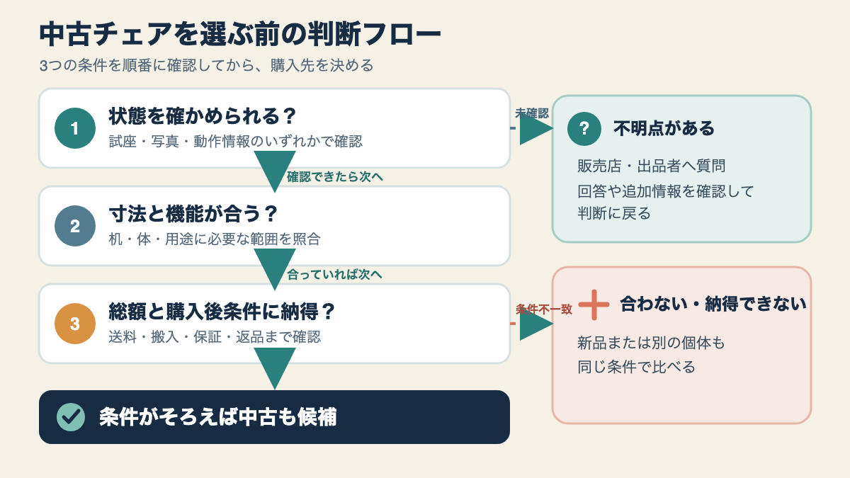 中古チェアを選ぶ前に、試座・状態確認・保証と運搬の条件を順に判断する流れ