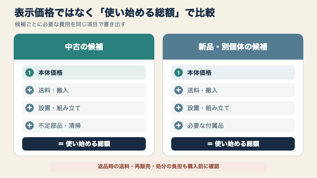 チェアの本体価格に送料・搬入・設置・部品費を加えて総額を比べる図