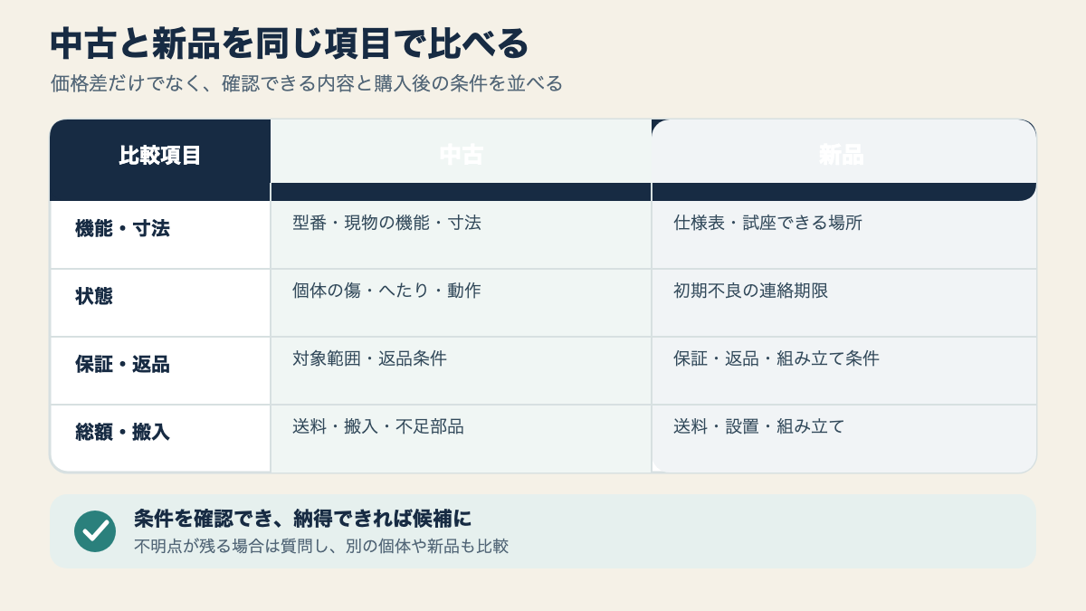中古と新品を、機能・状態・保証・総額の同じ項目で比べるための表の見方